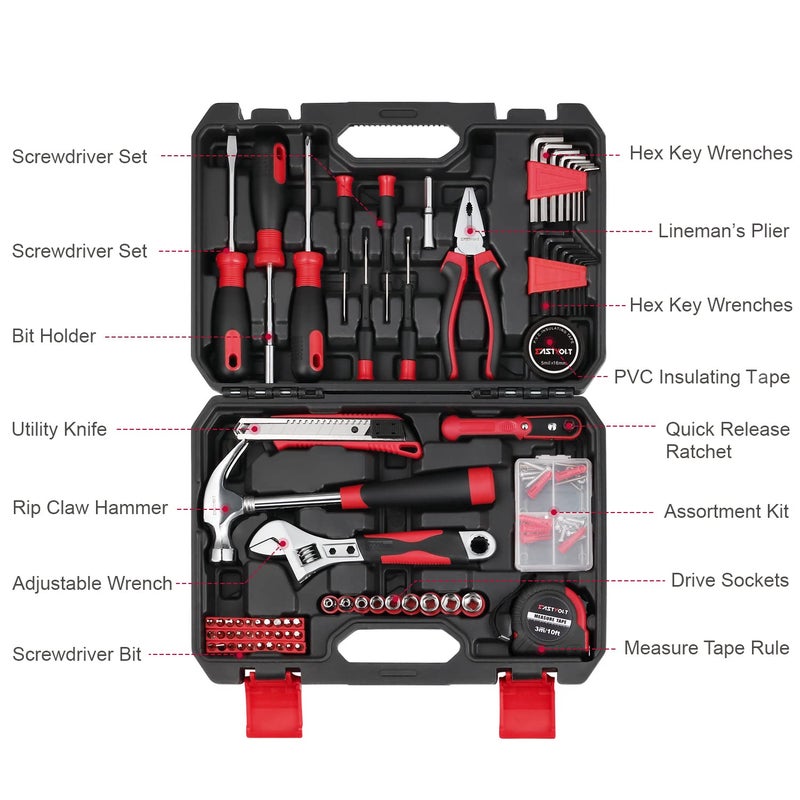 Eastvolt 128-Piece Home Repair Tool Set  Tool Sets for Homeowners  General Household Hand Tool Set with Storage Toolbox  EVHT12801  Black + Red (ASK01) - Image 3